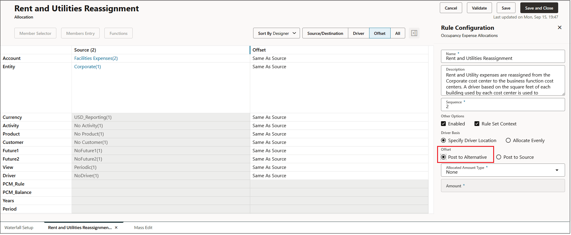 Offset screen with Post Offset to the an Alternative location selected Offset screen with Post Offset to the an Alternative location selected