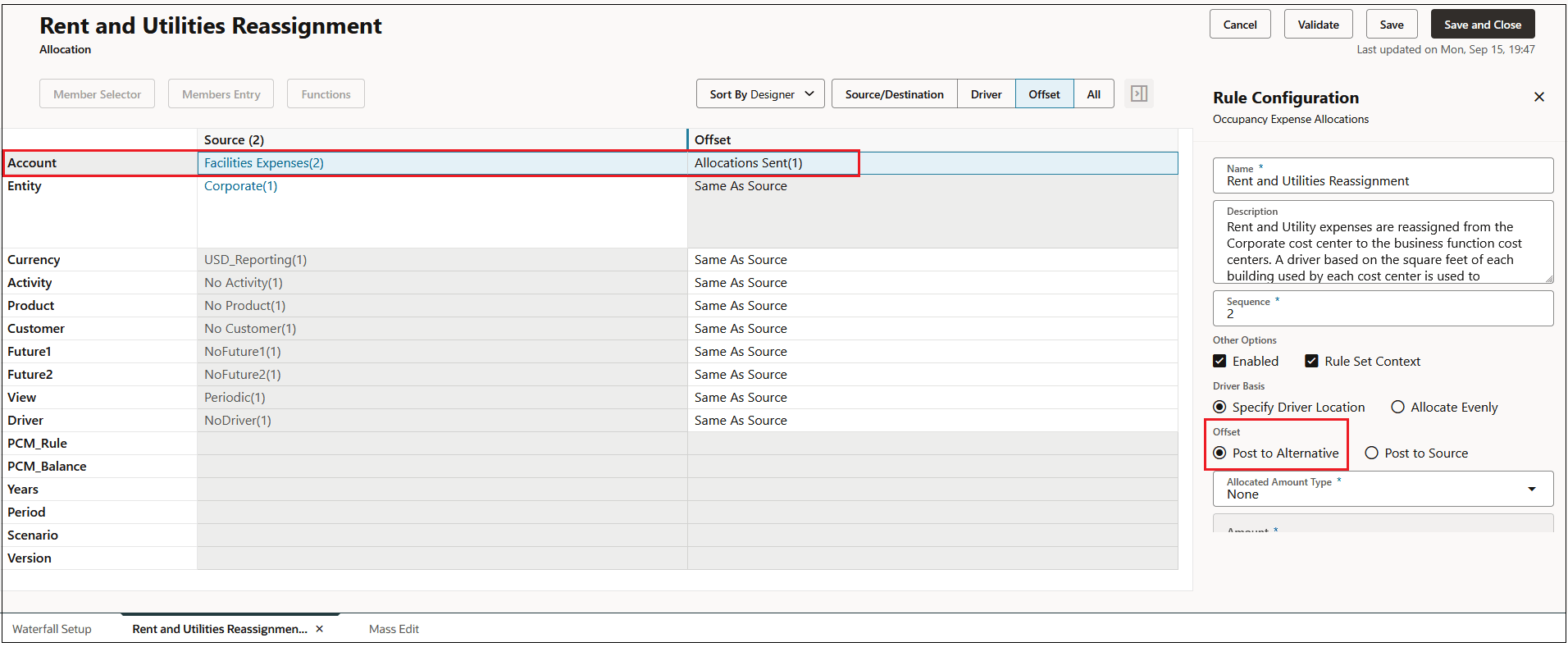 Allocation offset example with Post to Alternative selected Allocation offset example with Post to Alternative selected