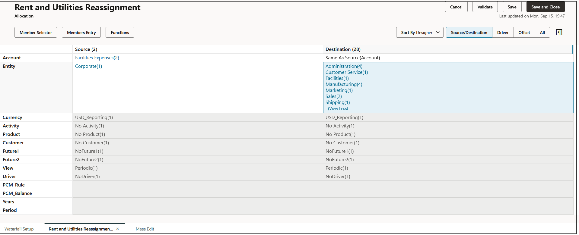 Rule Designer showing facilities expenses for the Corporate cost center allocated to the Facilities account across multiple cost cente Rule Designer showing facilities expenses for the Corporate cost center allocated to the Facilities account across multiple cost cente