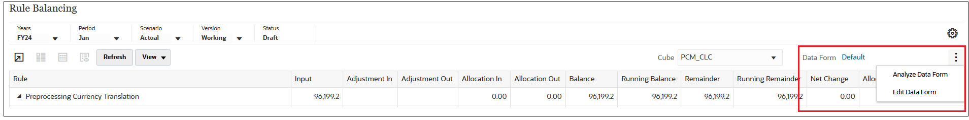 Rule Balance Page showing the Analyze Data Form and Edit Data Form options