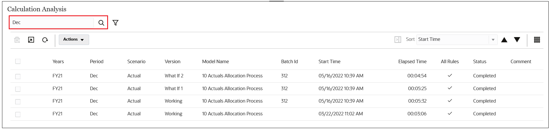 Calculation Analysis page with Calculation Runs for December displayed