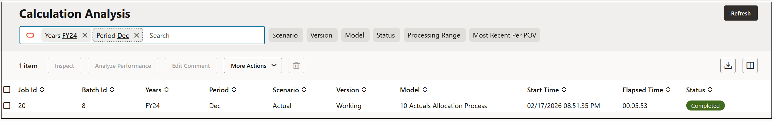 Calculation Analysis page with the Years limited to FY24 and the Month limited to Dec