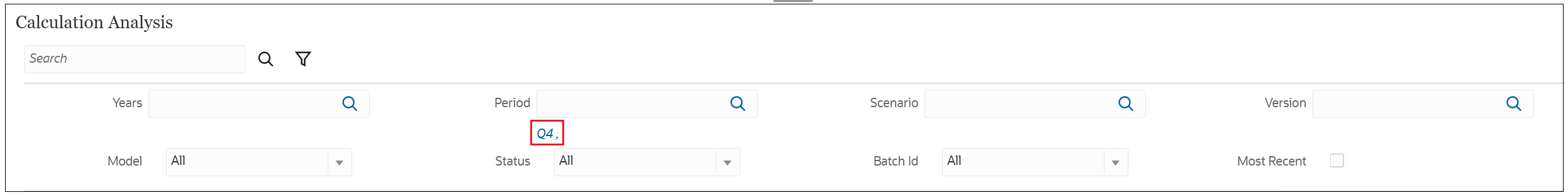 Calculation Analysis page with Q4 displayed below the Period dimension