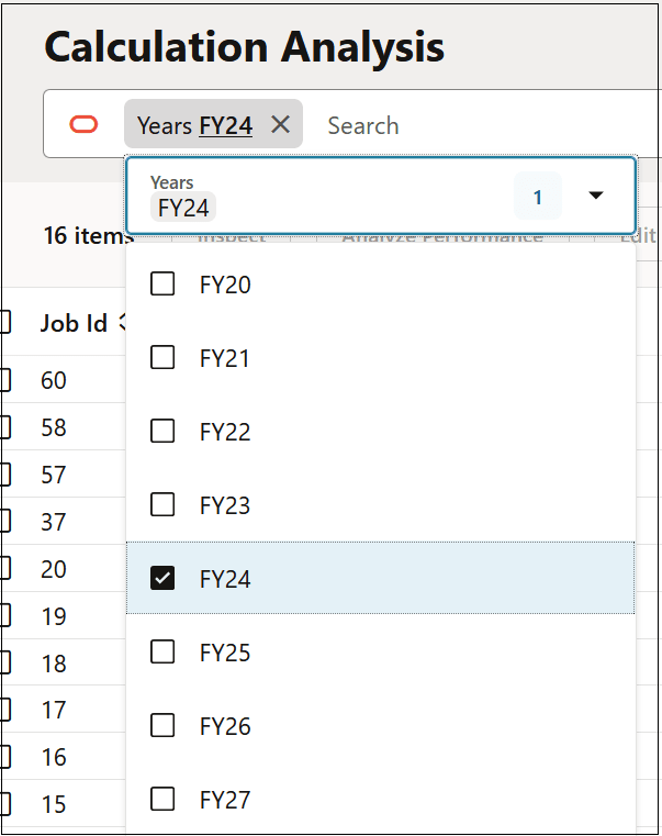 Calculation Control page with the Years tile in Search and FY24 selected in the drop-down
