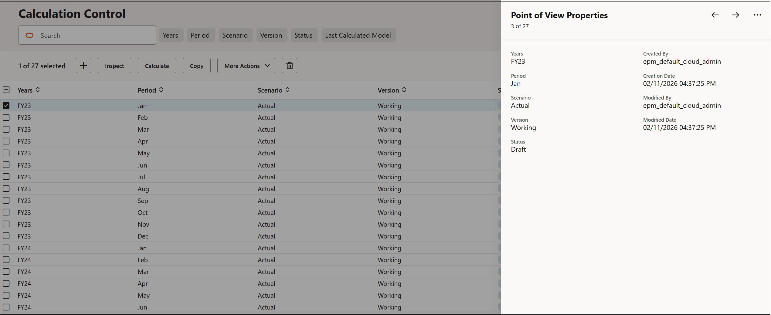 Calculation Control page with the Point of View Properties displayed