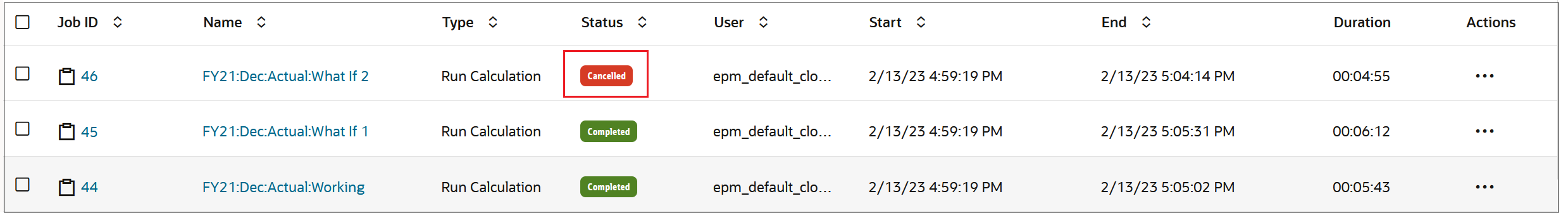 Jobs Console showing a job with a Cancelled status