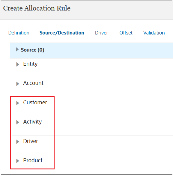 Create Allocation Rule Source/Destination tab with all dimensions displayed