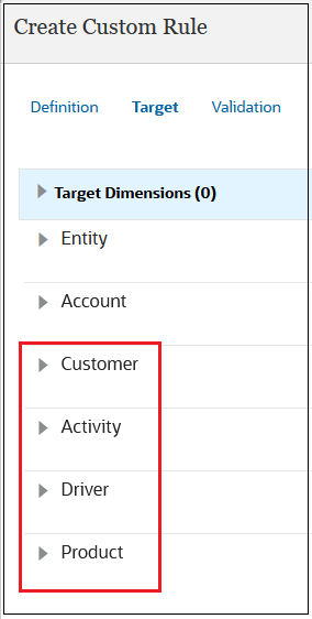Create Custom Rule Target tab with all dimensions displayed