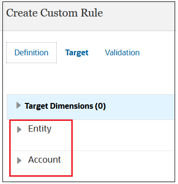 Create Custom Rule page with Entity and Account displayed