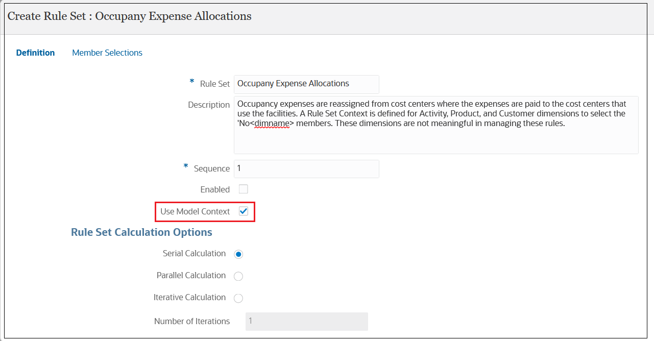 Create Rule Set page for Occupancy Expense Allocations with Use Model Context selected