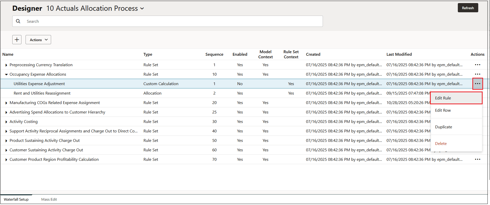 Utilities Expense Adjustment rule highlighted in the Waterfall Setup tab with the Edit Rule menu option selected