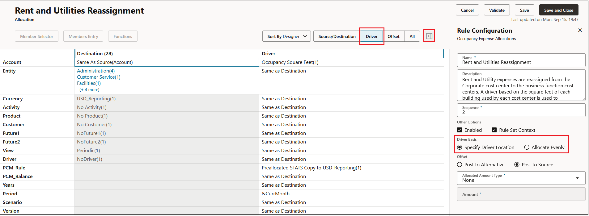 Driver tab showing the Driver Basis options in the Rule Configuration panel