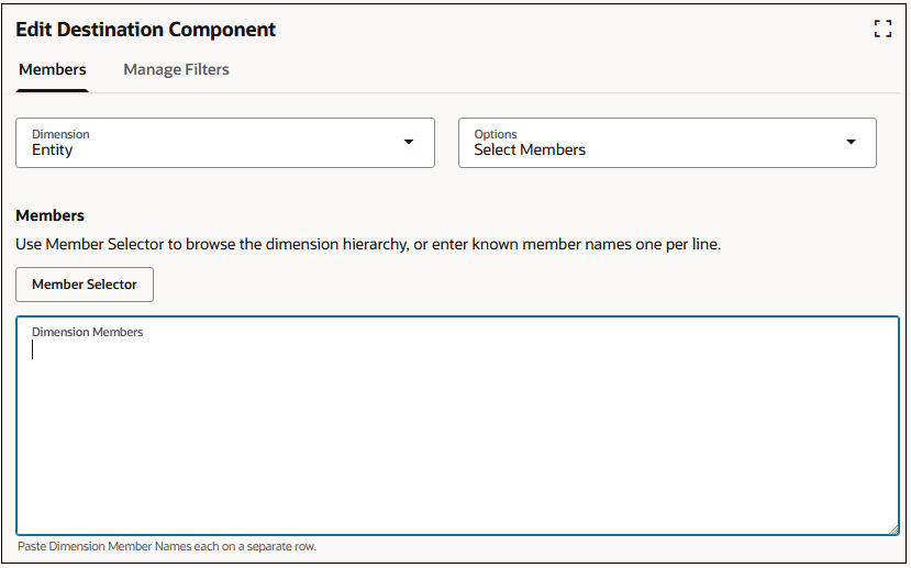Edit Destination Component panel Edit Destination Component panel