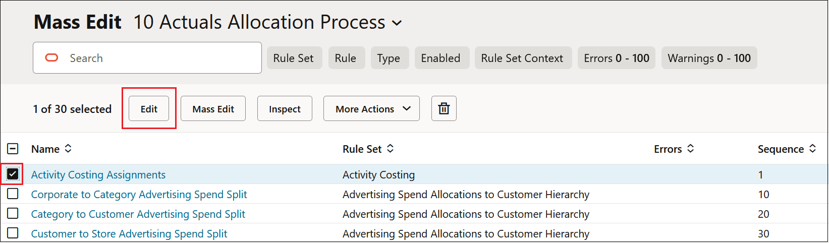 Mass Edit tab with a checkbox next to the Activity Costing Assignments rule selected and the Edit tile highlighted