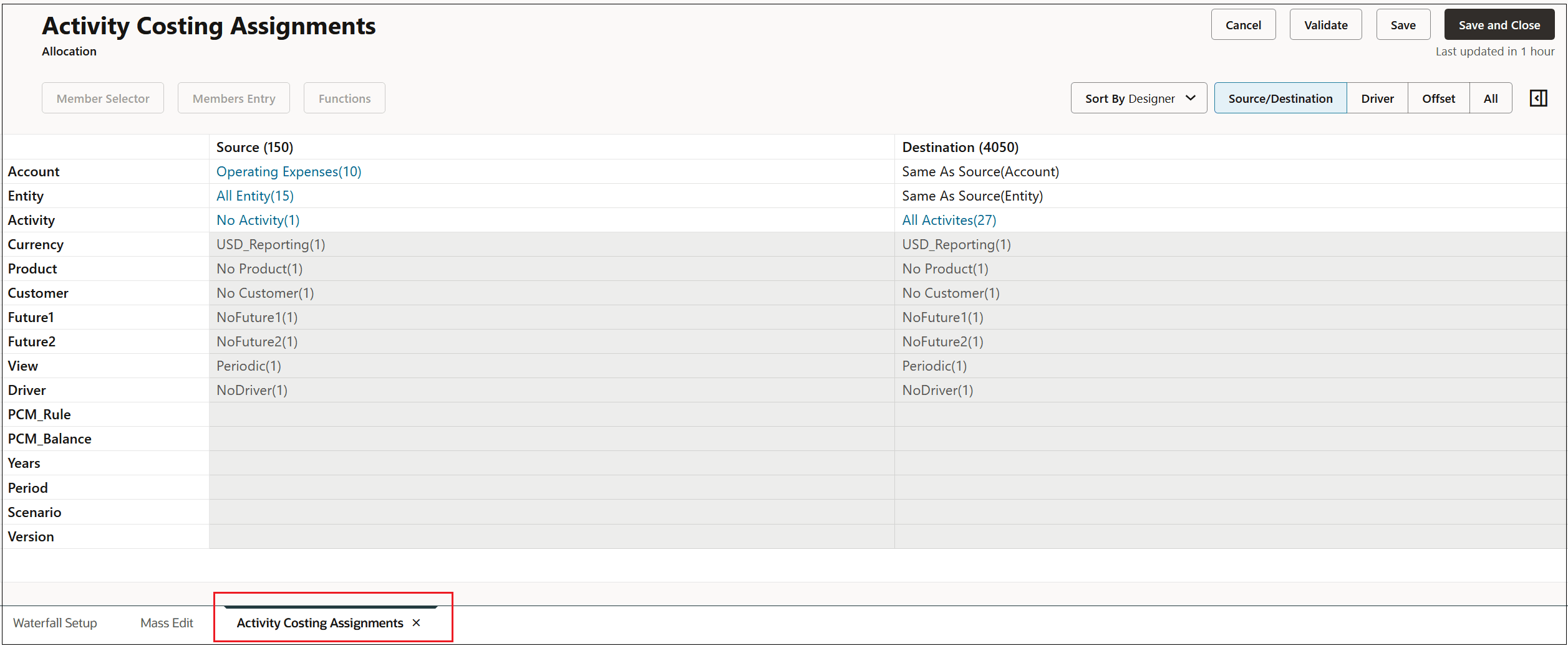Activity Costing Assignments tab opened next to the Mass Edit tab where you can edit the rule