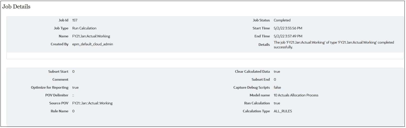 Job Details with a Run Calculation job