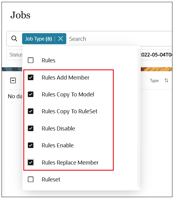 Jobs console with the rules jobs highlighted in the Job Type drop-down