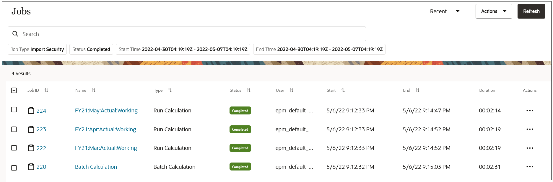 Job Console with three Run Calculation jobs displayed