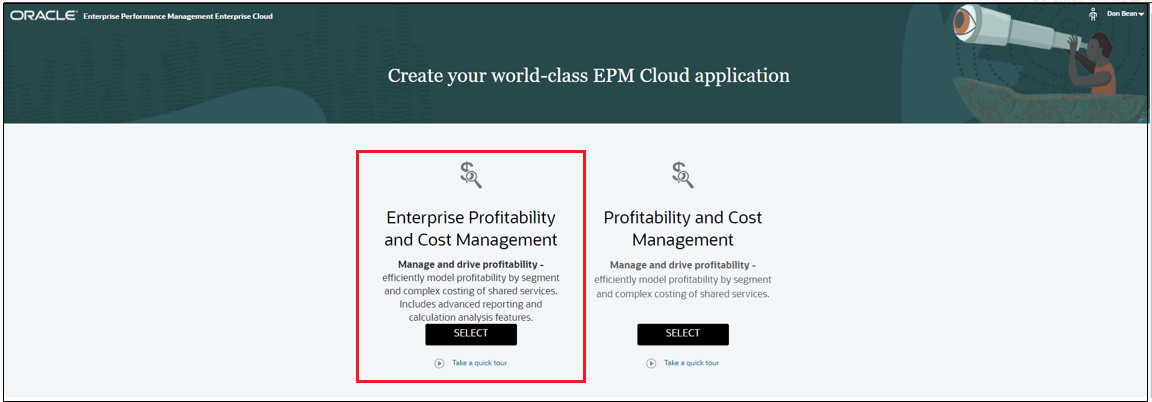 Landing page with Enterprise Profitability and Cost Management selected