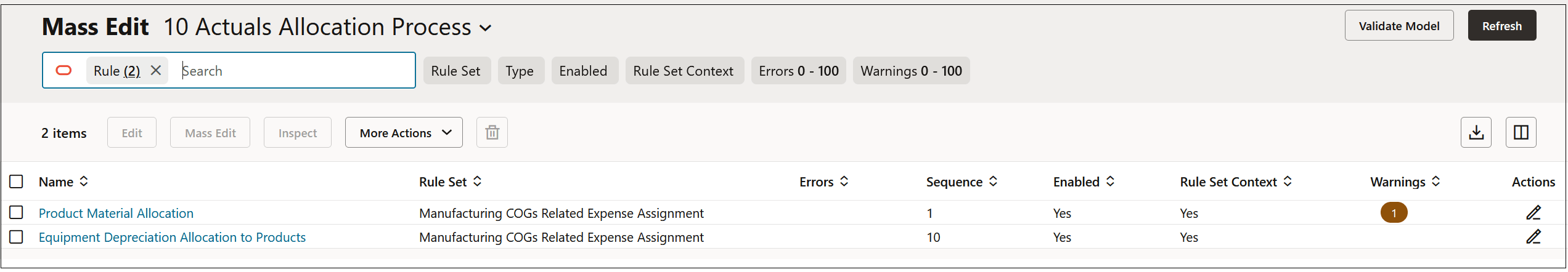 Mass Edit tab showing two allocation rules resulting from filtering by allocation Mass Edit tab showing two allocation rules resulting from filtering by allocation