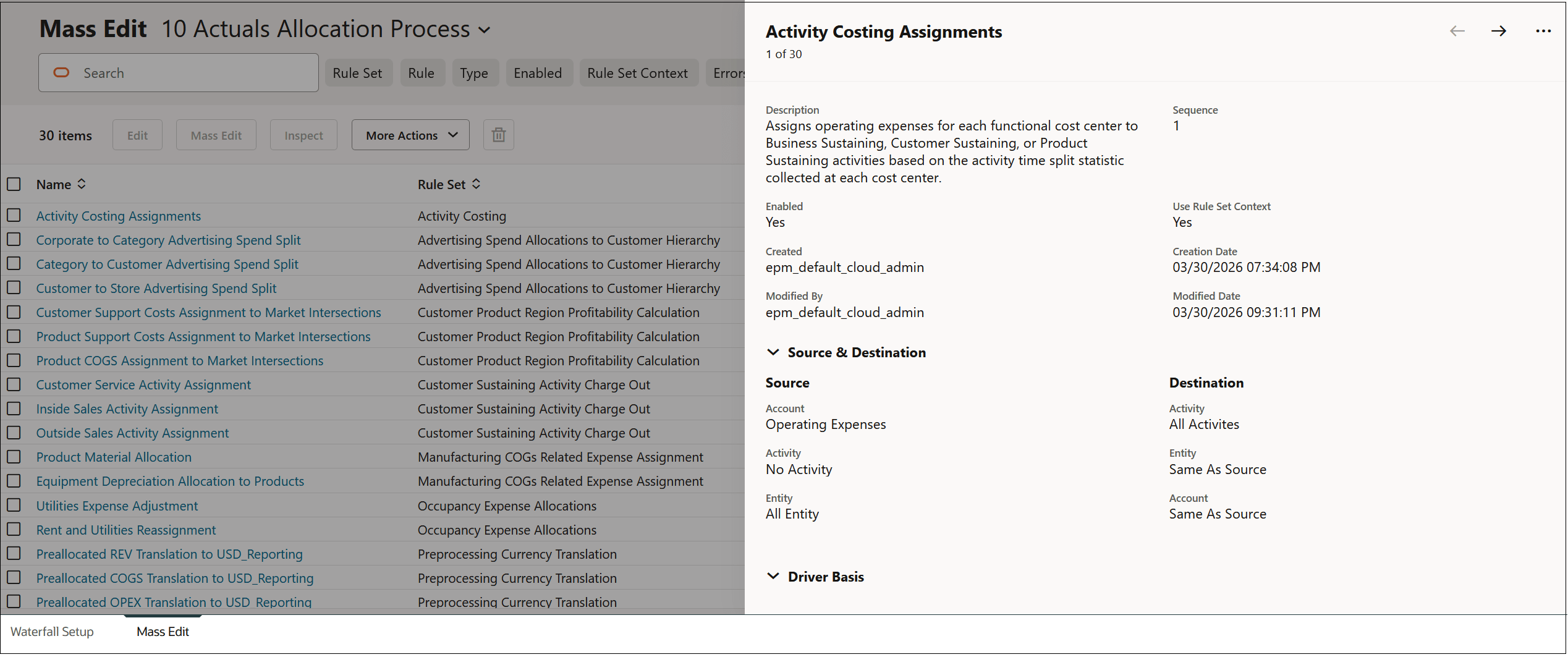 Mass Edit tab with detailed information about the Activity Costing Assignment rule displayed Mass Edit tab with detailed information about the Activity Costing Assignment rule displayed