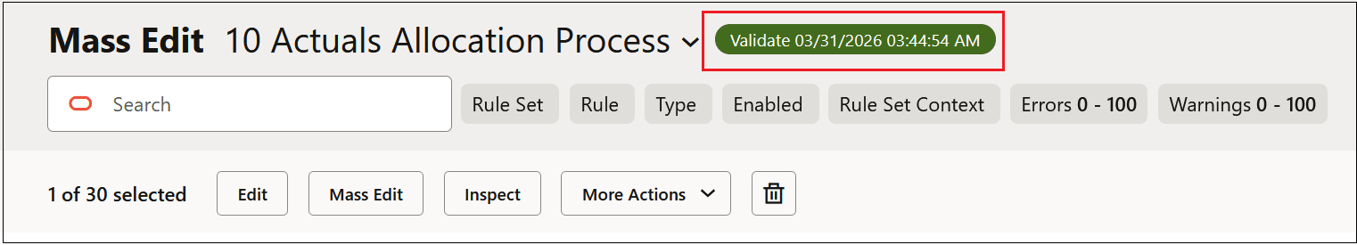 Mass Edit tab with a messaged saying the model was validated Mass Edit tab with a messaged saying the model was validated