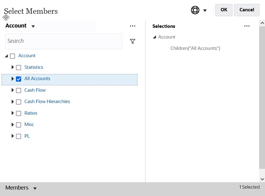 Selecting members using the function selector Selecting members using the function selector