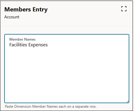Members entry dialog box displaying the Facilities Expenses member Members entry dialog box displaying the Facilities Expenses member