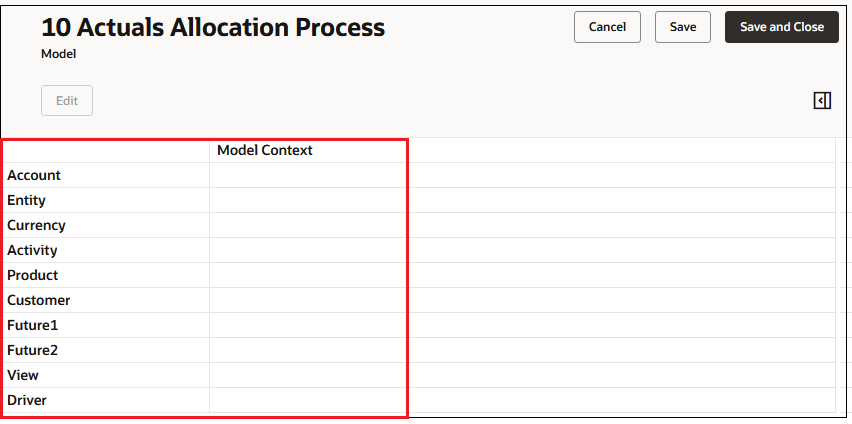 Model screen showing the dimensions where you can define a model context