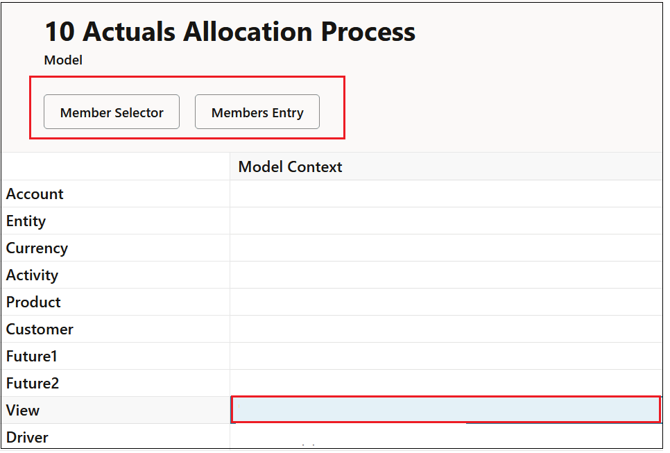 Model Context definition screen with the View dimension selected Model Context definition screen with the View dimension selected
