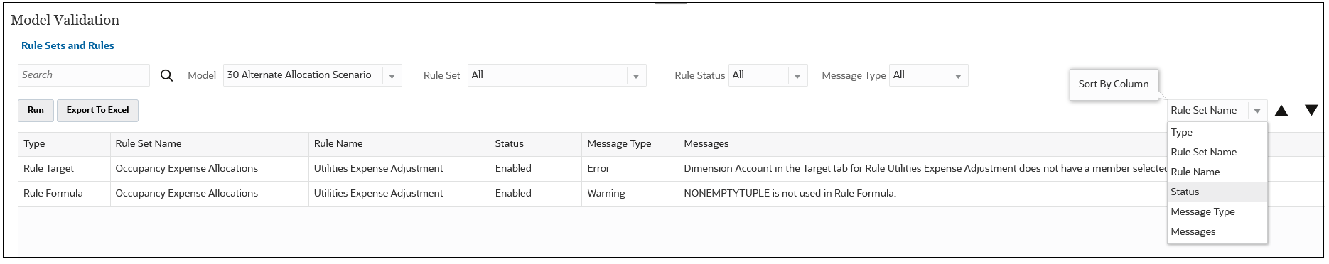 Model Validation screen with errors sorted by Rule Set Name in ascending alphabetical order