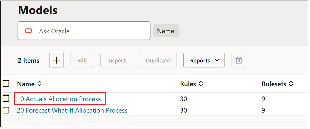 Models screen showing the 10 Actuals Allocation Model selected Models screen showing the 10 Actuals Allocation Model selected