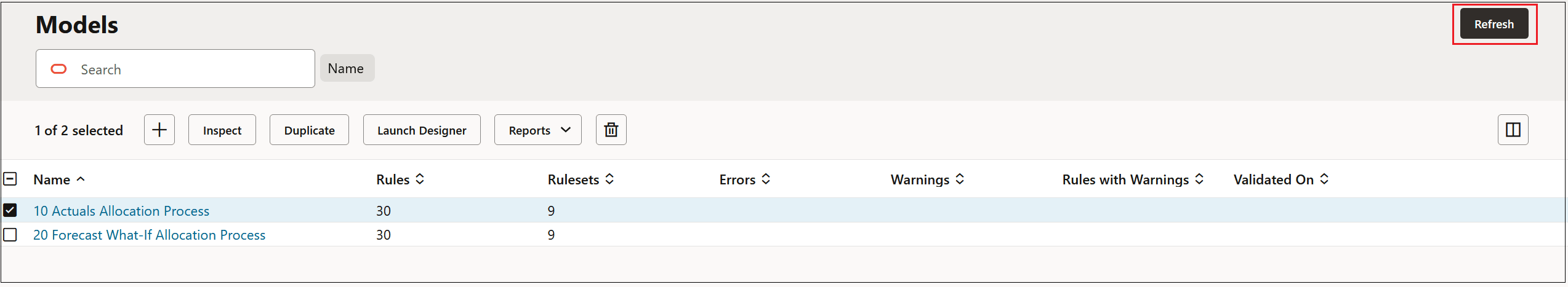 Models page with the Referesh button highlighted Models page with the Referesh button highlighted