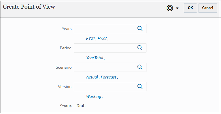 Create Point of View dialog box showing the members selected for Years, Period, and Scenario