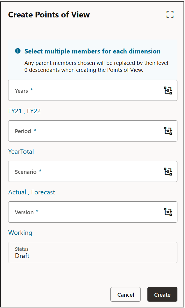 Create Points of View dialog box showing the members selected for Years, Period, and Scenario