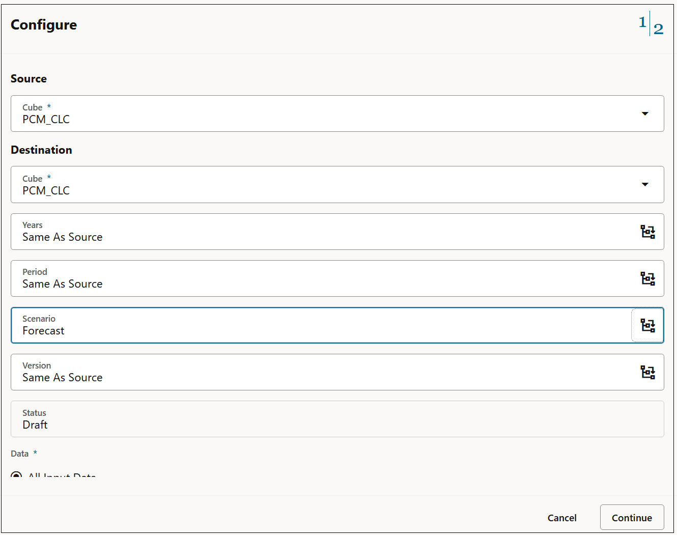 Configure dialog box with Forecast selected for Scenario