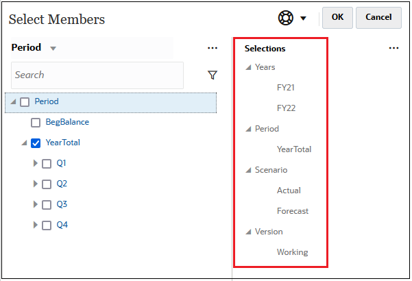 Select Members dialog box with members selected for Years, Period, and Scenario