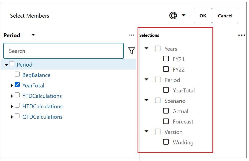 Select Members dialog box with members selected for Years, Period, and Scenario