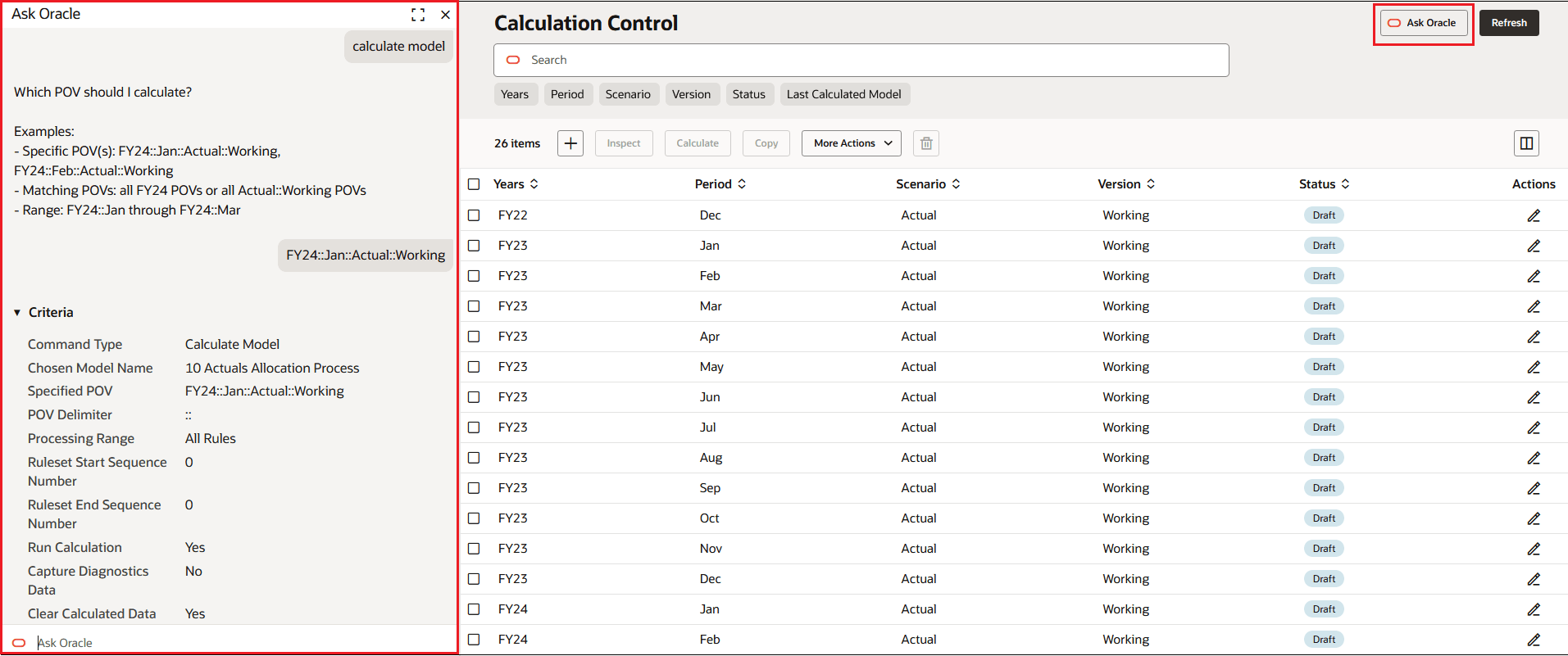 Calculation Control page with PCM Agent displayed