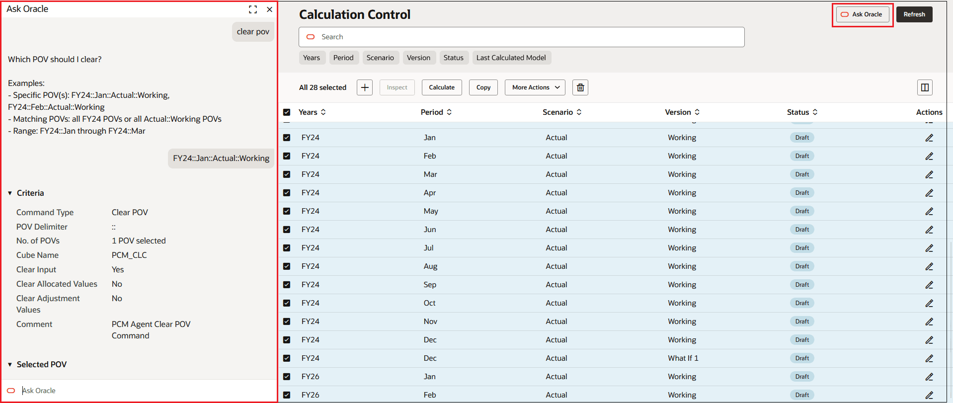 Calculation Control tab with prompts to clear a POV using PCM Agent