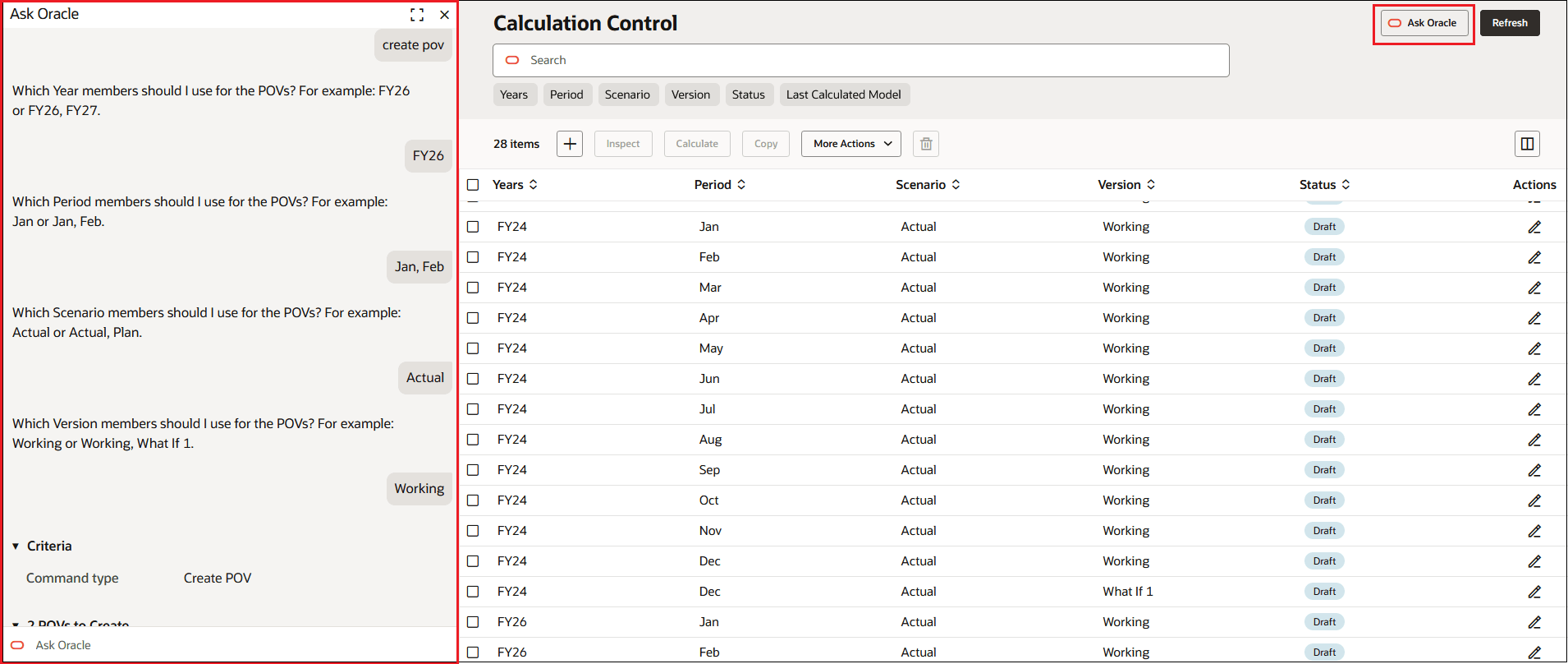 Calculation Control tab with prompts to create a POV using PCM Agent