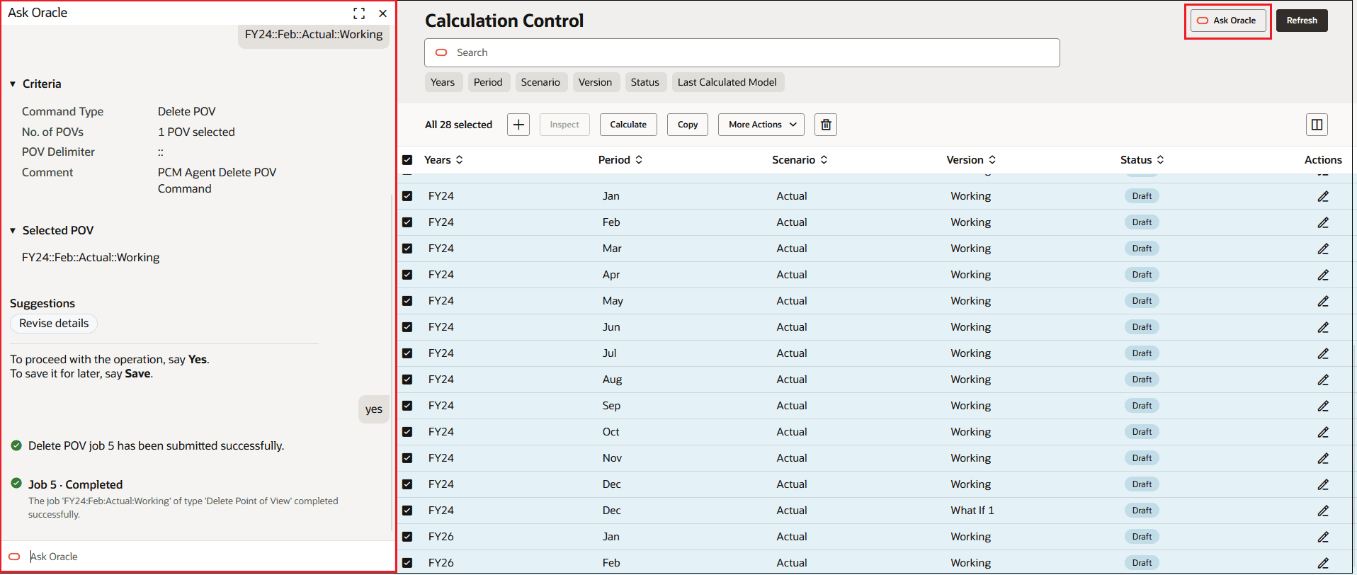Calculation Control tab with prompts to delete a POV using PCM Agent