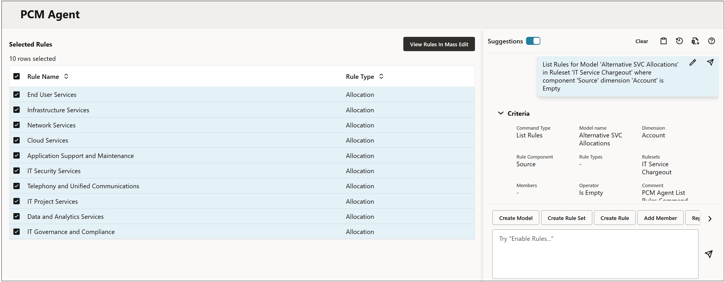PCM Agent page showing the user request to list rules PCM Agent page showing the user request to list rules