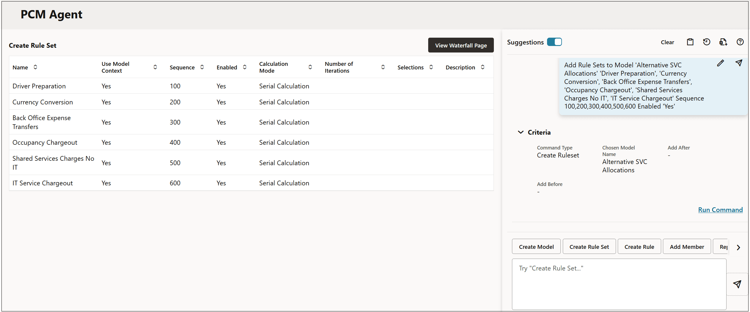 PCM Agent page showing the user request to add rules sets to a model PCM Agent page showing the user request to add rules sets to a model
