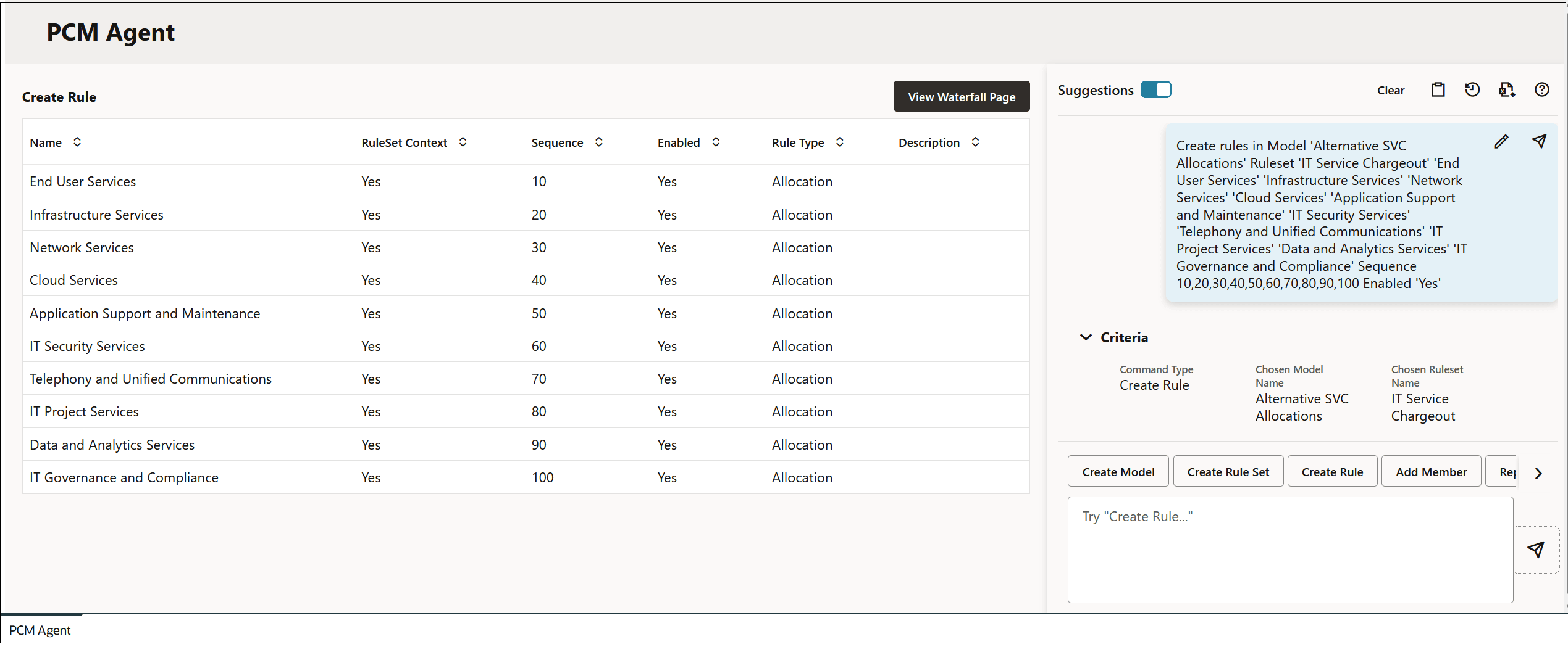PCM Agent page showing the user request to add rules PCM Agent page showing the user request to add rules