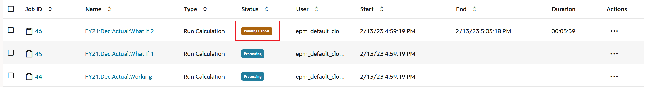 Jobs Console showing a job with a Pending Cancel status