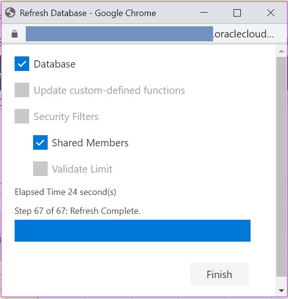 The Refresh Database dialog, with the Database option and Shared Members option selected for refresh.