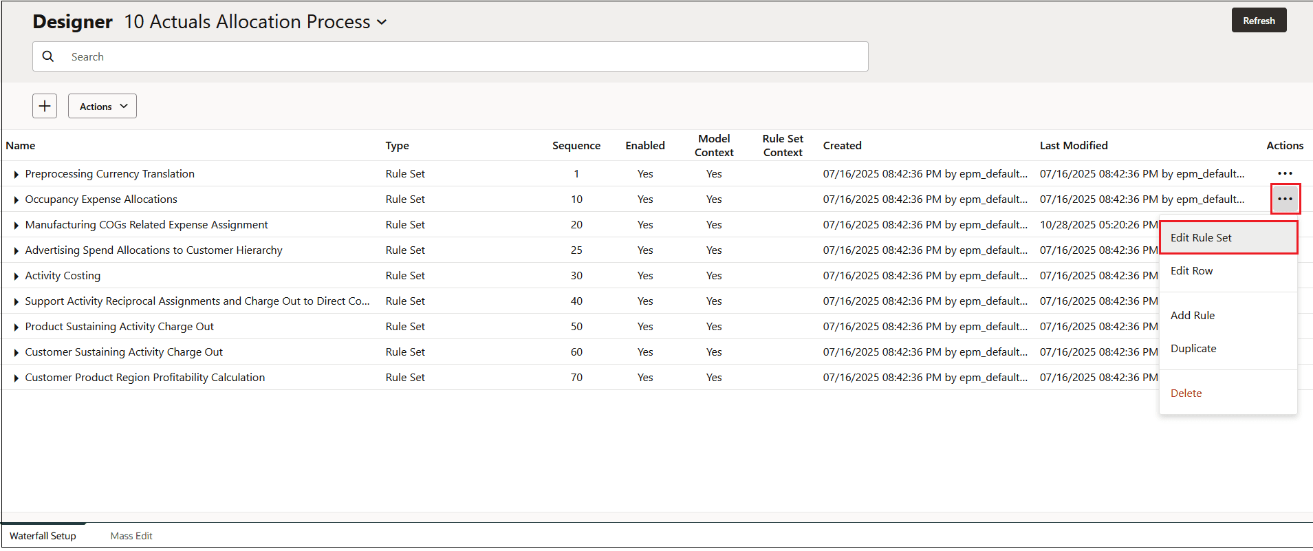 Waterfall Setup tab with Edit Rule Set selected for the Occupancy Expense Allocations rule Waterfall Setup tab with Edit Rule Set selected for the Occupancy Expense Allocations rule