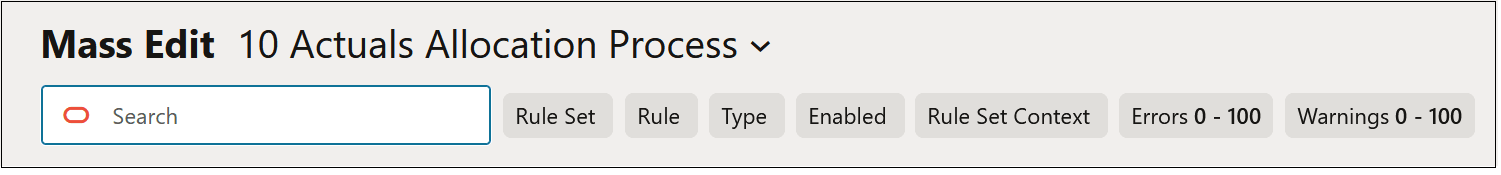 Mass Edit tab showing the Rule Set, Rule, Type, Enabled, Model Context, and Rule Set Context search tiles Mass Edit tab showing the Rule Set, Rule, Type, Enabled, Model Context, and Rule Set Context search tiles