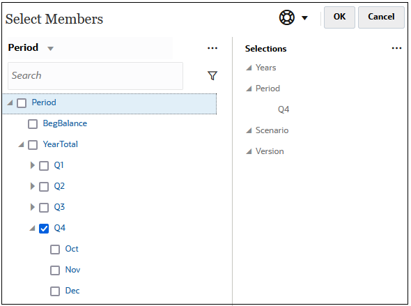 Select Members dialog box with Q4 select for Years